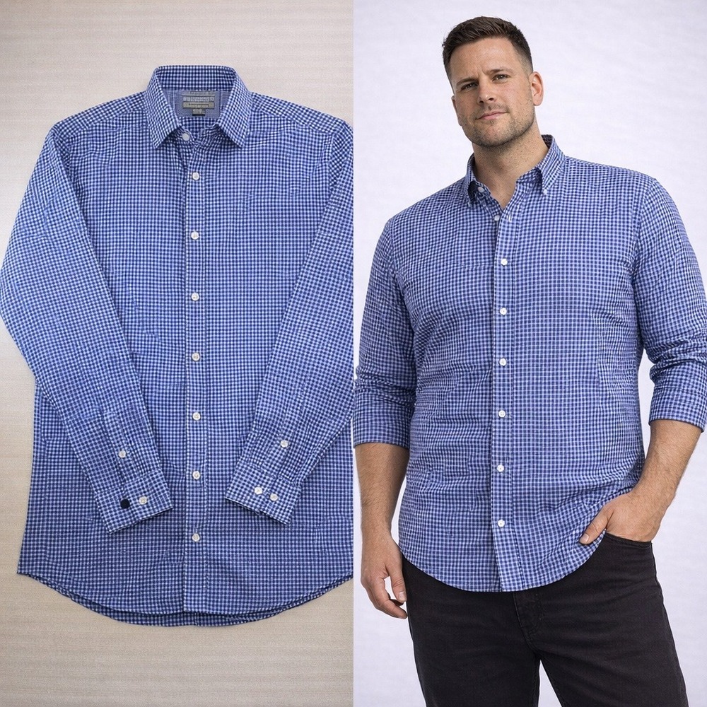 Johnston & Murphy Mens XL Tailored Fit Blue Micro Check Cotton Button Down Shirt